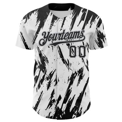 Custom Name and Number Authentic Baseball Jersey - 3D Pattern Design in White, Black, and Gray with Abstract Sharp Shapes