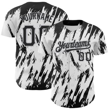 Custom Name and Number Authentic Baseball Jersey - 3D Pattern Design in White, Black, and Gray with Abstract Sharp Shapes