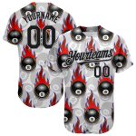 Custom Name Number Baseball Jersey - Personalized 3D Pattern Design Flaming Billiards Snooker 8 Ball in White and Black-Gray