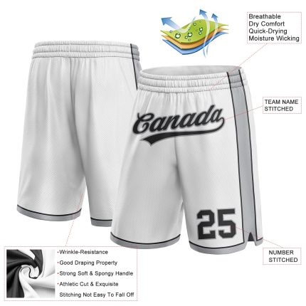 Custom Basketball Shorts with Name and Number - Personalized Authentic White Black-Gray Team Apparel Personalized White Black-Gray
