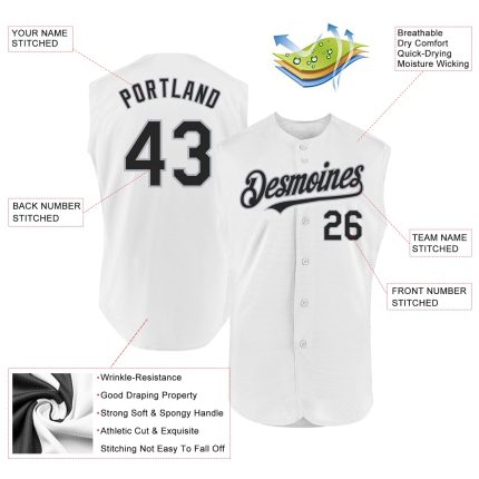 Personalized Authentic Sleeveless Baseball Jersey in White Black-Gray Personalized White Black-Gray Authentic Sleeveless