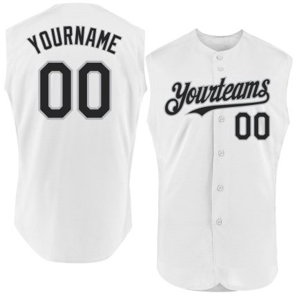 Personalized Authentic Sleeveless Baseball Jersey in White Black-Gray Personalized White Black-Gray Authentic Sleeveless