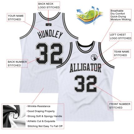 Custom Authentic Basketball Jersey with Personalized Name and Number - White Black Gray Throwback Style Personalized White