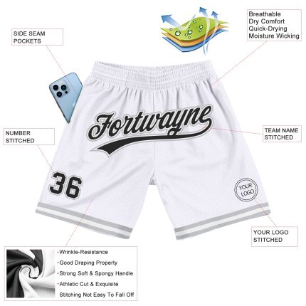 Personalized Basketball Shorts - Authentic Throwback in White and Black-Gray Personalized White Black-Gray Authentic Throwback