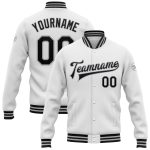 Custom Name and Number Personalized Varsity Letterman Jacket - White Black Gray Bomber Full-Snap Style Personalized White