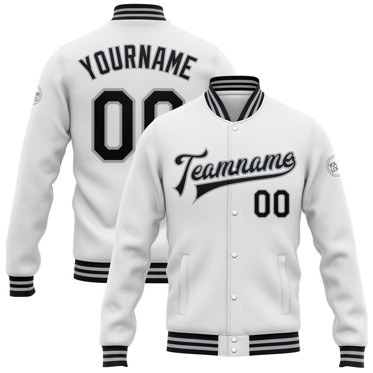 Custom Name and Number Personalized Varsity Letterman Jacket - White Black Gray Bomber Full-Snap Style Personalized White