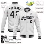 Custom Name and Number Personalized Varsity Letterman Jacket - White Black Gray Bomber Full-Snap Style Personalized White