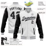 Custom Name and Number Personalized Two Tone Varsity Letterman Bomber Jacket Black Gray White Full-Snap Personalized White