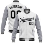 Personalized Black Gray Bomber Two Tone Varsity Letterman Jacket - Full-Snap Style Personalized White Black-Gray Bomber Full-Snap