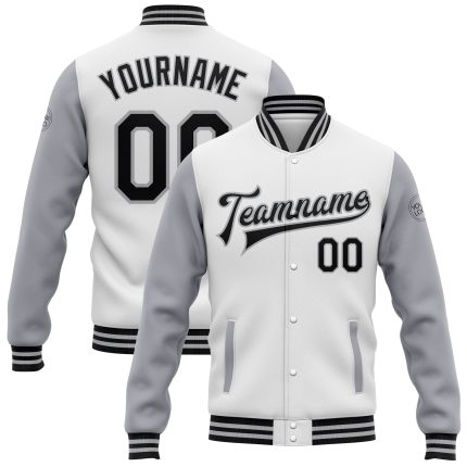 Personalized Black Gray Bomber Two Tone Varsity Letterman Jacket - Full-Snap Style Personalized White Black-Gray Bomber Full-Snap