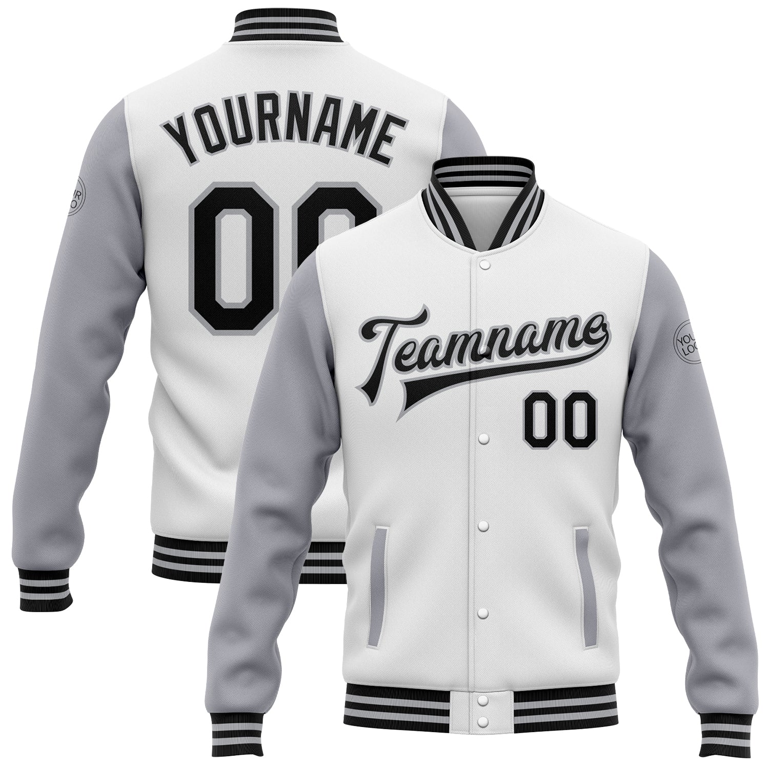 Personalized Black Gray Bomber Two Tone Varsity Letterman Jacket - Full-Snap Style Personalized White Black-Gray Bomber Full-Snap