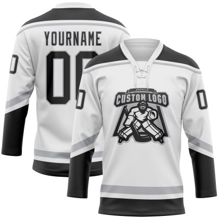 Custom Name and Number Personalized Hockey Jersey - White Black Gray Lace Neck Team Jersey Personalized White Black-Gray