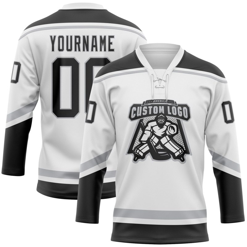 Custom Name and Number Personalized Hockey Jersey - White Black Gray Lace Neck Team Jersey Personalized White Black-Gray