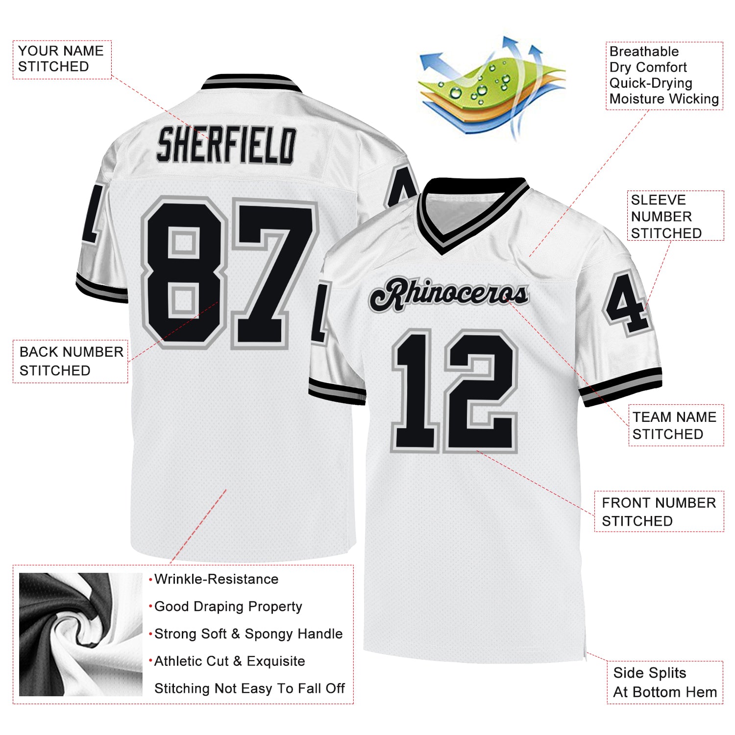 Personalized White Black-Gray Mesh Authentic Throwback Football Jersey Team Custom Name and Number Custom Name and Number Authentic Throwback Football Jersey - Personalized White Black Gray Mesh Team Jersey Personalized - Image 4