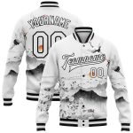Custom Name and Number 3D Pattern Bomber Varsity Jacket with White Black Heron and Flower Design Personalized White Black