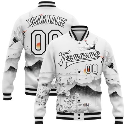 Custom Name and Number 3D Pattern Bomber Varsity Jacket with White Black Heron and Flower Design Personalized White Black
