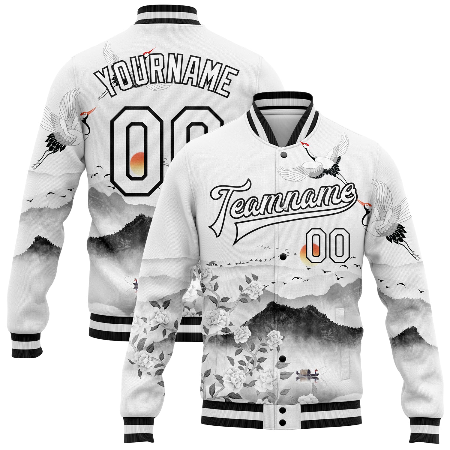 Custom Name and Number 3D Pattern Bomber Varsity Jacket with White Black Heron and Flower Design Personalized White Black