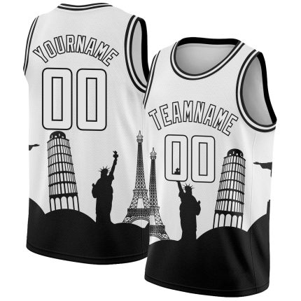 Custom Name Number Basketball Jersey Travel Monuments Silhouette Black White Holiday Edition Authentic City Team Personalized