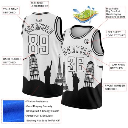 Custom Name Number Basketball Jersey Travel Monuments Silhouette Black White Holiday Edition Authentic City Team Personalized