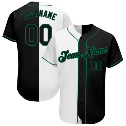 Custom Name and Number Authentic Baseball Jersey - Personalized White-Black Kelly Green Split Design Personalized White-Black