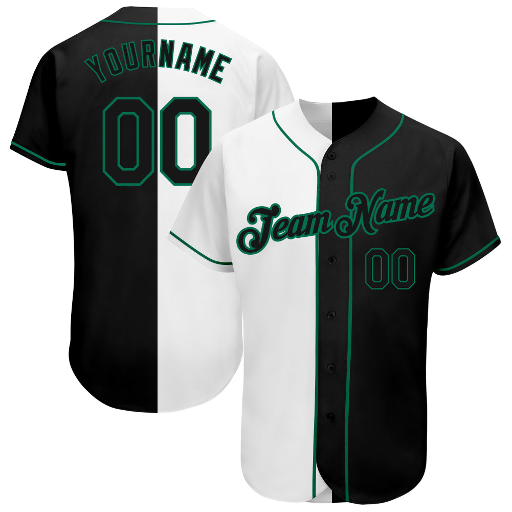 Custom Name and Number Authentic Baseball Jersey - Personalized White-Black Kelly Green Split Design Personalized White-Black
