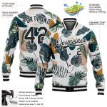 Customizable 3D Leaves Pattern Varsity Letterman Jacket with Name & Number - Personalized White and Black Bomber Jacket Personalized