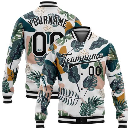 Customizable 3D Leaves Pattern Varsity Letterman Jacket with Name & Number - Personalized White and Black Bomber Jacket Personalized