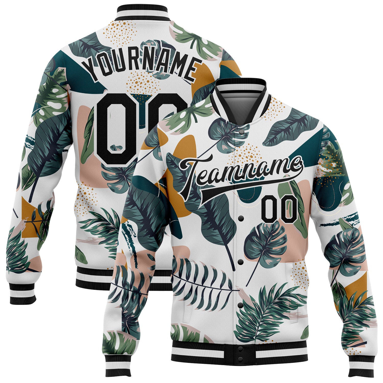 Customizable 3D Leaves Pattern Varsity Letterman Jacket with Name & Number - Personalized White and Black Bomber Jacket Personalized