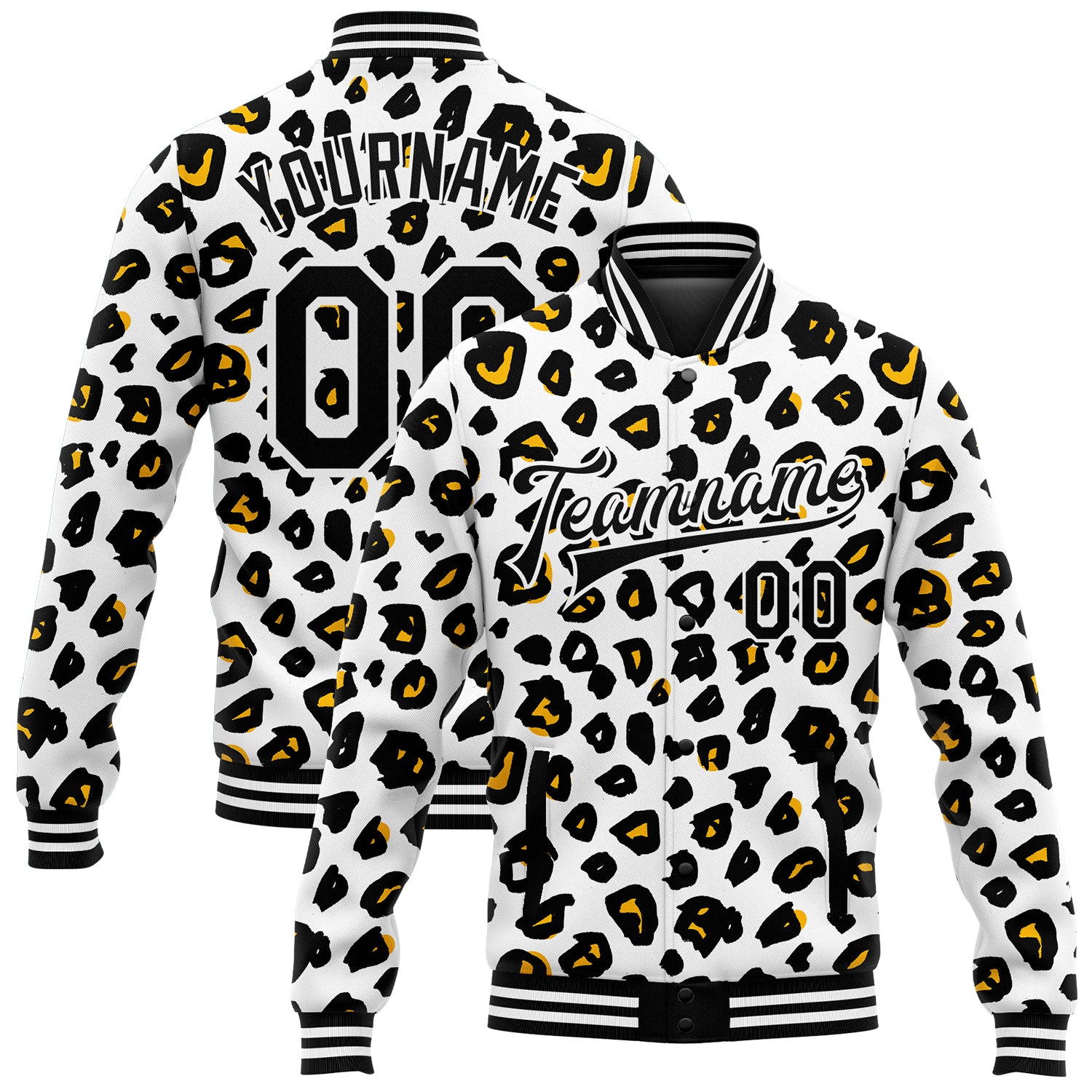 Custom Leopard Print 3D Bomber Jacket with Name & Number - Personalized Full-Snap Varsity Letterman Jacket Personalized White