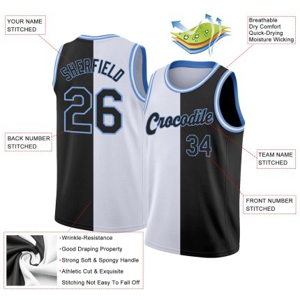 Custom Basketball Jersey - Personalized Authentic Split Design in White, Black & Light Blue with Team Name and Number Personalized