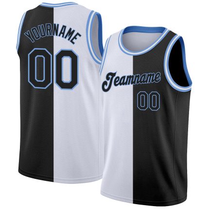 Custom Basketball Jersey - Personalized Authentic Split Design in White, Black & Light Blue with Team Name and Number Personalized