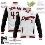 Custom Two Tone Bomber Varsity Letterman Jacket with Personalized Name and Number - White Black Maroon Cream Personalized