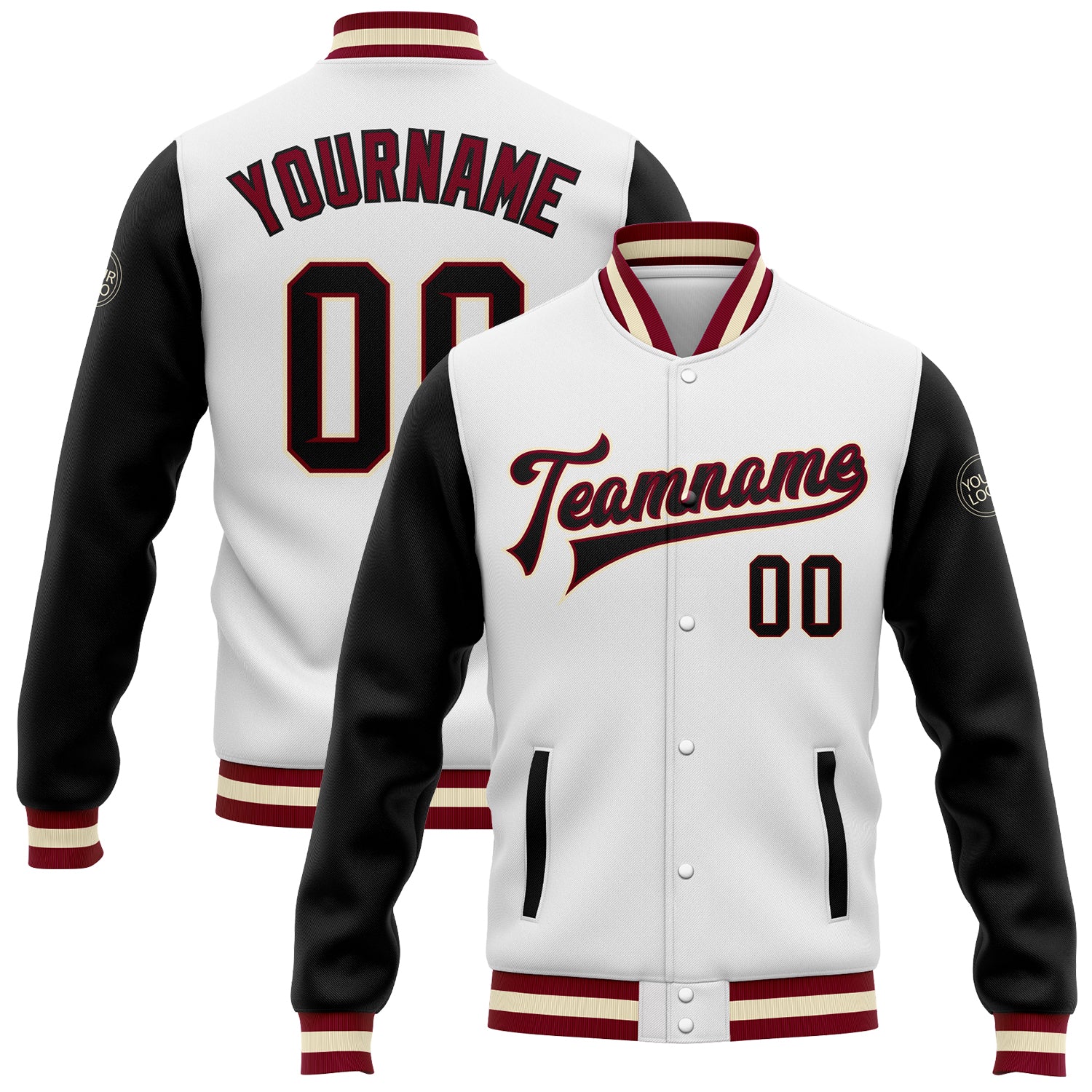 Custom Two Tone Bomber Varsity Letterman Jacket with Personalized Name and Number - White Black Maroon Cream Personalized