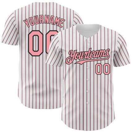 Custom Name and Number Authentic Baseball Jersey, Personalized Black Pink Pinstripe White Silver-Black Design Personalized