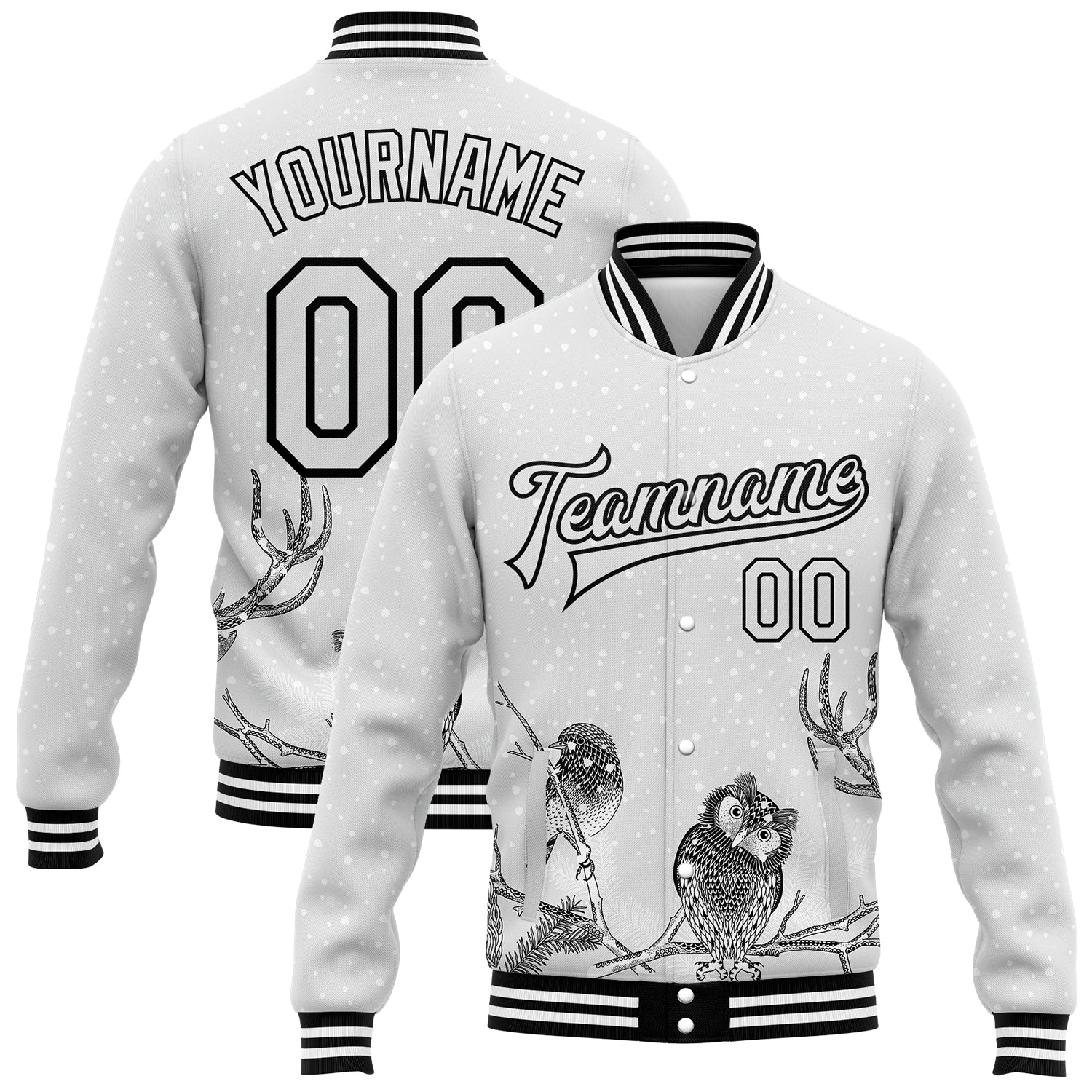 Personalized Merry Christmas 3D Bomber Jacket with Animals in Winter, Custom Name & Number, Full-Snap Varsity Letterman Style