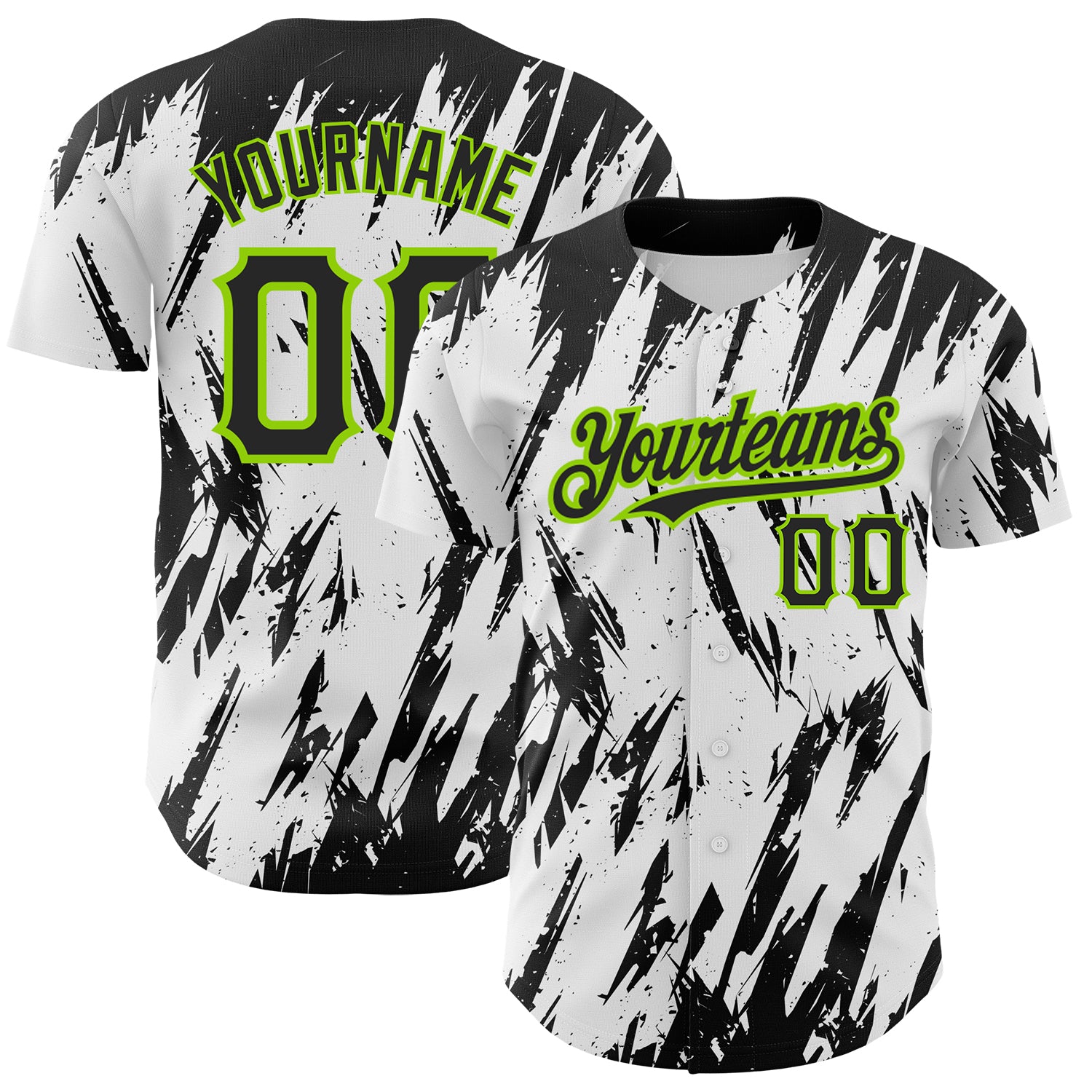 Custom Name and Number 3D Abstract Baseball Jersey in White Black Neon Green Pattern Personalized White Black-Neon Green