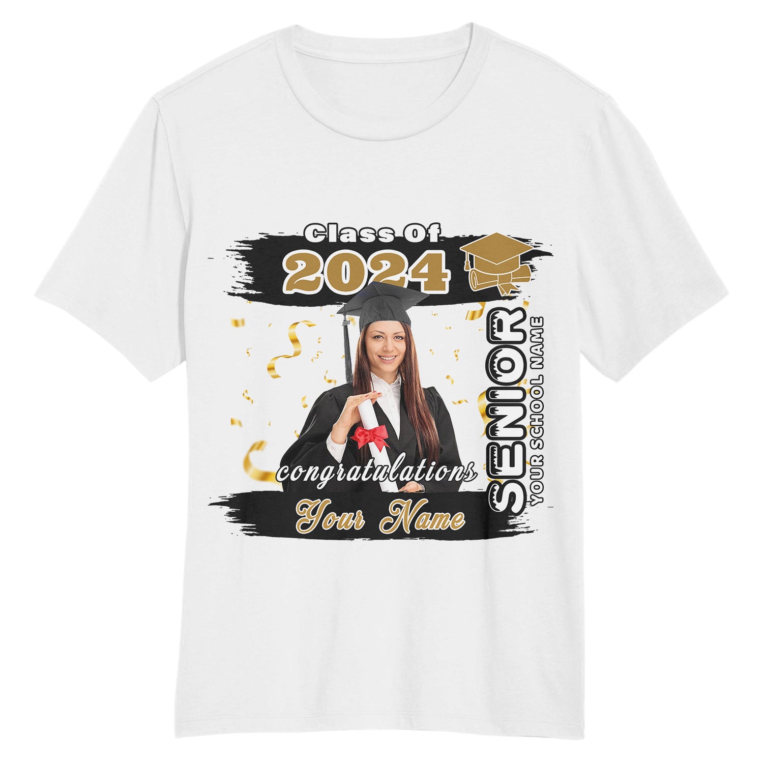 Custom Name and Number 3D Graduation T-Shirt - Personalized Team Shirt in White, Black, and Old Gold Personalized White Black-Old