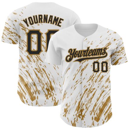 Personalized 3D Pattern Baseball Jersey - White Black Gold Abstract Splash Design Personalized White Black-Old Gold 3D Pattern