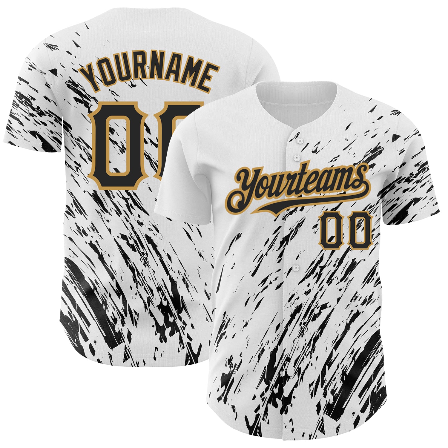 Custom Name Number Authentic 3D Pattern Baseball Jersey - Personalized White Black Old Gold Abstract Design Personalized