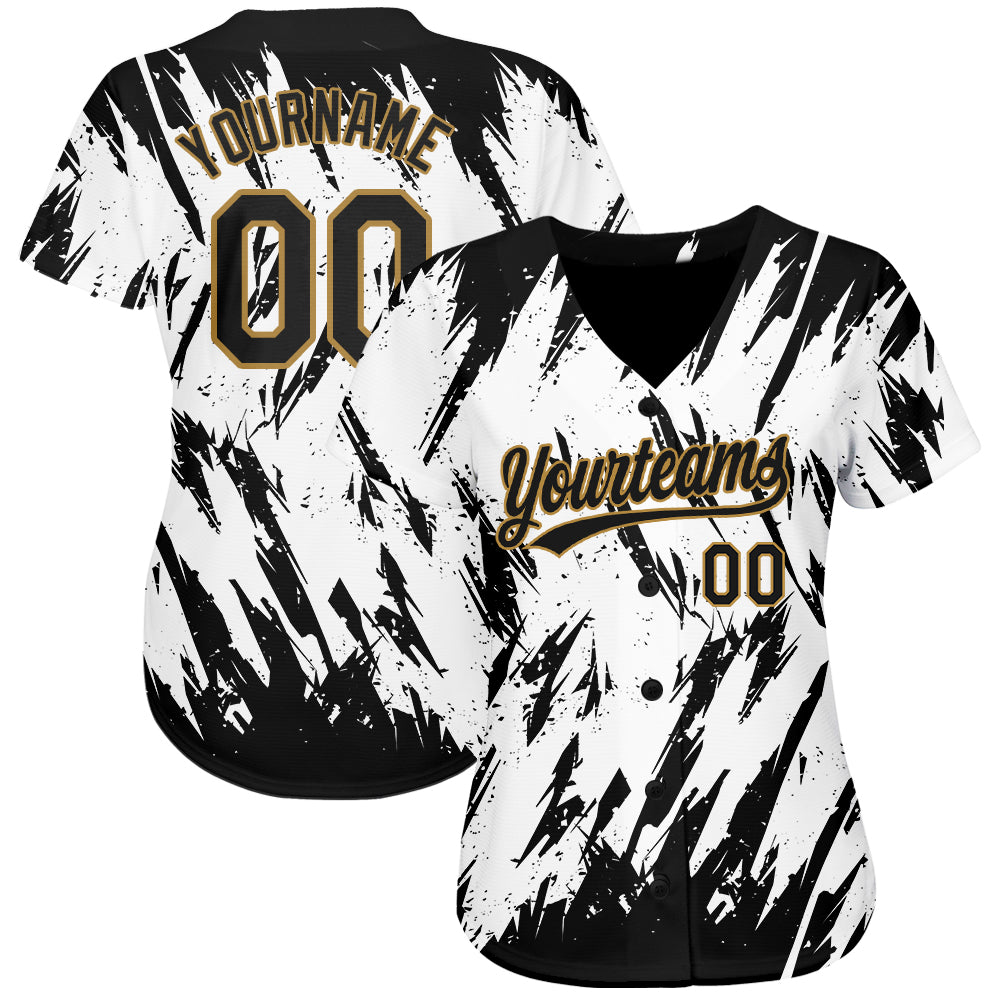 Personalized White Black-Old Gold 3D Pattern Design Authentic Baseball Jersey Team Custom Name and Number Custom Baseball Jersey with 3D Pattern, Personalized Team Name & Number, White Black-Old Gold Design Personalized White Black-Old - Image 2