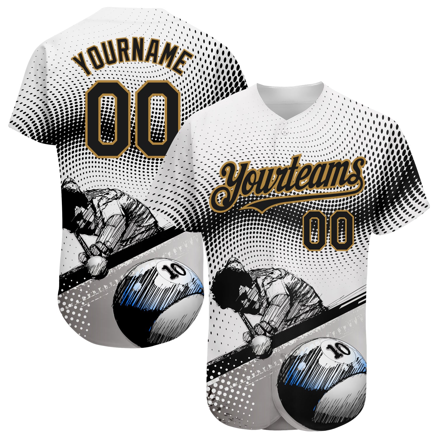 Customizable 3D Pattern Billiards Baseball Jersey - Personalized White Black Old Gold with Your Name and Number Personalized