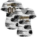 Personalized 3D Pattern Bowling Ball with Hotrod Flame Authentic Baseball Jersey Custom Name & Number - White Black-Old Gold