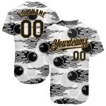 Personalized 3D Pattern Bowling Ball with Hotrod Flame Authentic Baseball Jersey Custom Name & Number - White Black-Old Gold