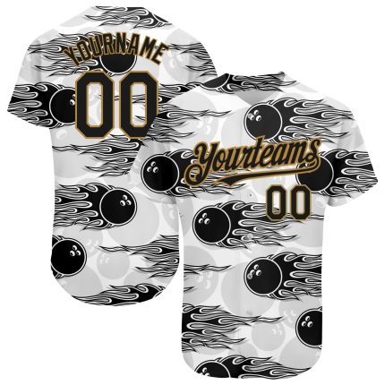 Personalized 3D Pattern Bowling Ball with Hotrod Flame Authentic Baseball Jersey Custom Name & Number - White Black-Old Gold