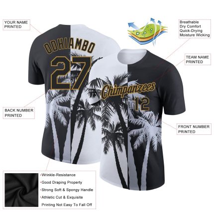 Custom 3D Pattern Hawaii Coconut Trees Performance T-Shirt - Personalized White Black Old Gold Design with Name and Number