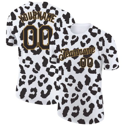 Custom Leopard Performance T-Shirt with 3D White Black Gold Pattern - Personalized Team Name and Number Personalized White