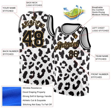 Custom Leopard Print Basketball Jersey - Personalized 3D Pattern with Name and Number - Authentic Team Gear - White Black Old Gold