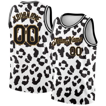 Custom Leopard Print Basketball Jersey - Personalized 3D Pattern with Name and Number - Authentic Team Gear - White Black Old Gold
