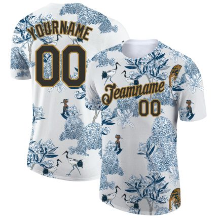Custom Team Performance T-Shirt with 3D Plant and Animal Design - Personalized White Black Gold, Name & Number Personalized