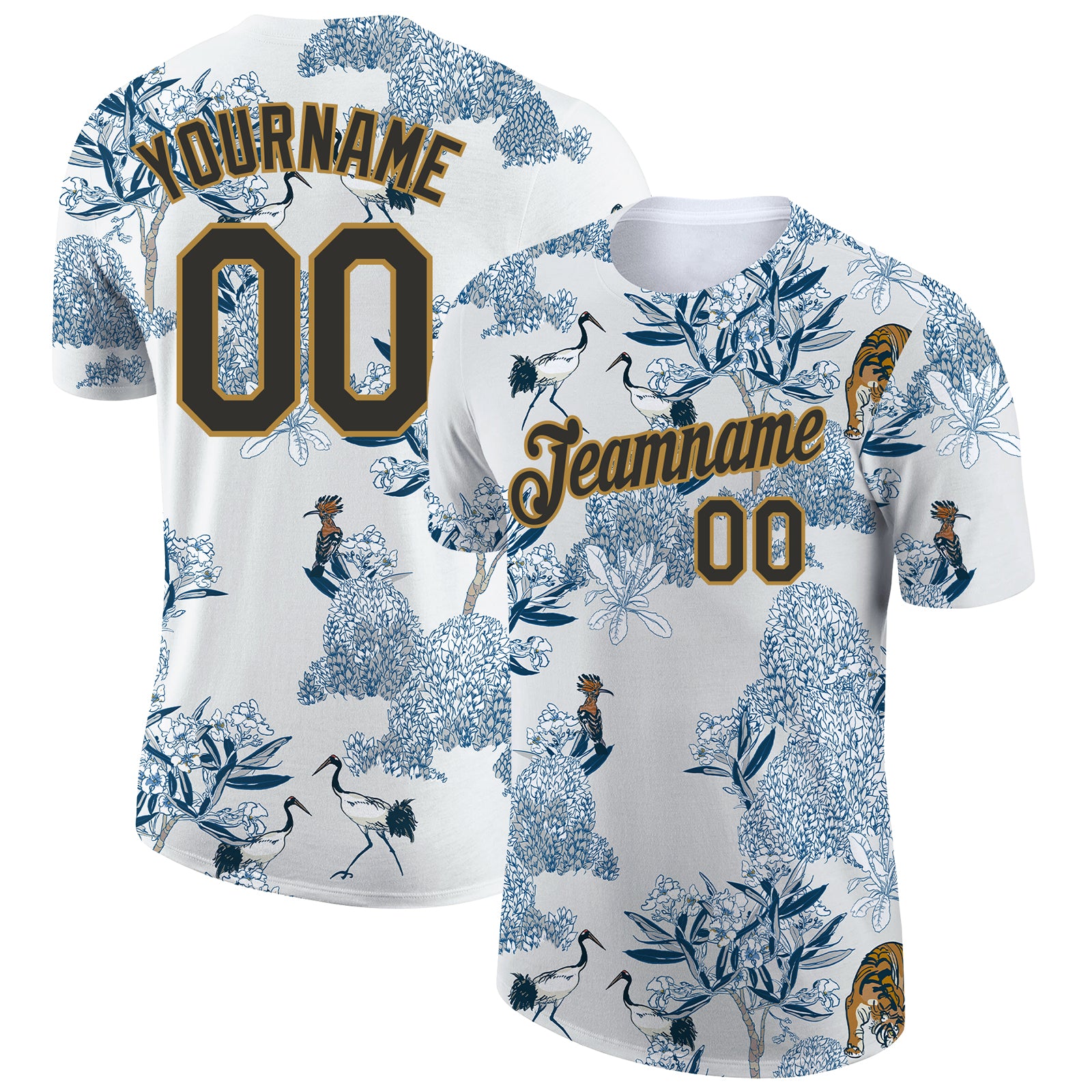 Custom Team Performance T-Shirt with 3D Plant and Animal Design - Personalized White Black Gold, Name & Number Personalized